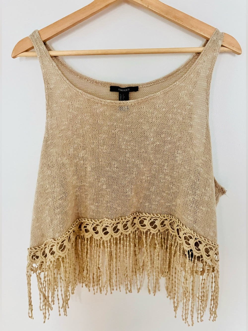 Forever 21 Beige Crochet Fringe Crop Tank